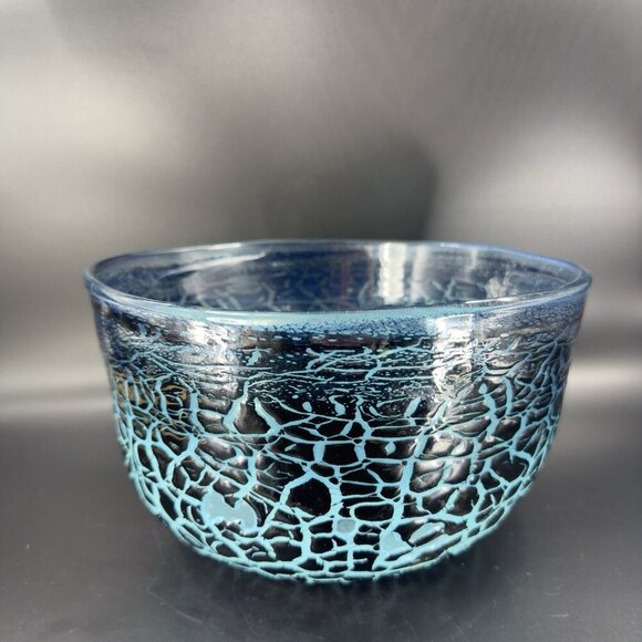 1987 Hand Blown Art Glass Large Bowl Dish Lava Glaze Finish Blue Black Signed - Picture 9 of 16